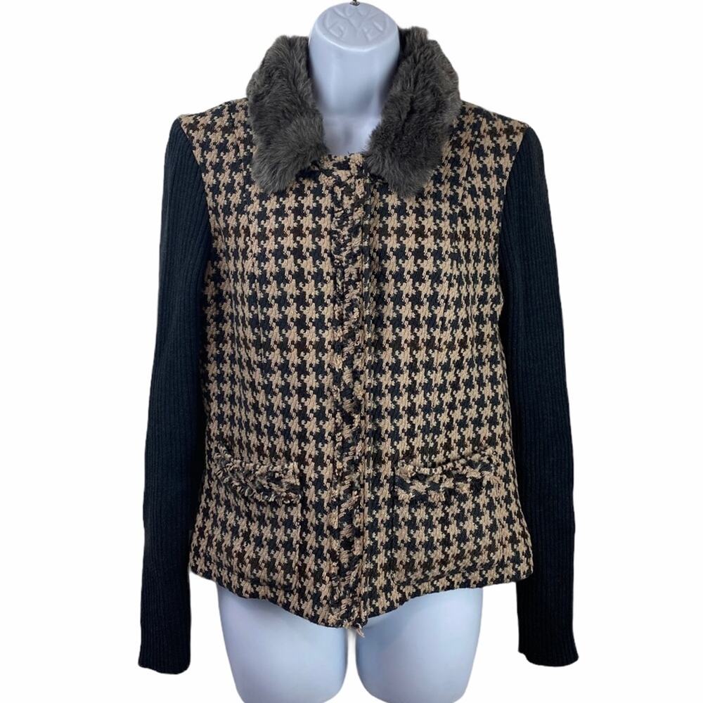 CAbi Houndstooth Wool Blend Faux Fur Collar Jacket Sz 4
